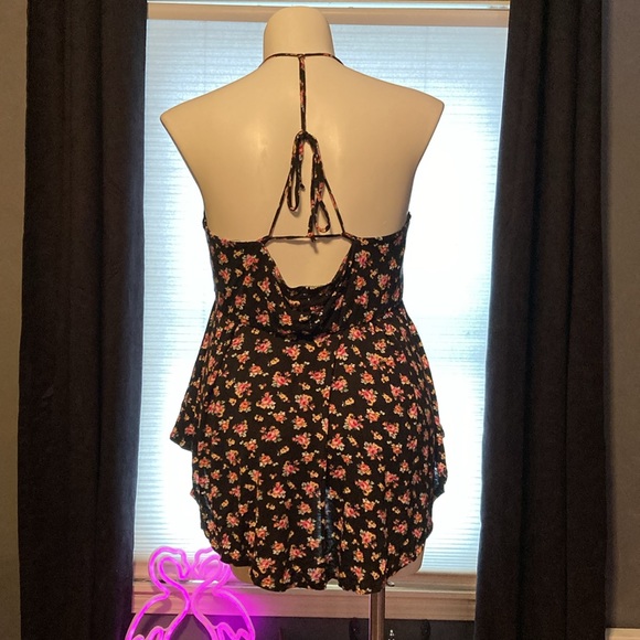 Pink roses on black field babydoll fit high/low tie close T-back top size 3X - Picture 4 of 6